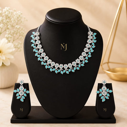 Oxidised Silver Plated Artificial Stone Studded Choker Necklace Jewelry set with 1 Pair of Earring
