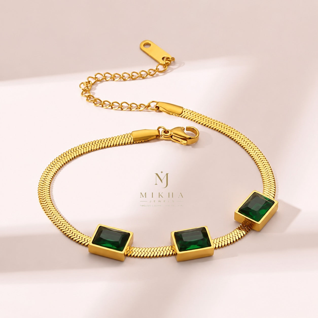 Green Crystal Gold Bracelet – Elegant & Adjustable for Girls/Women