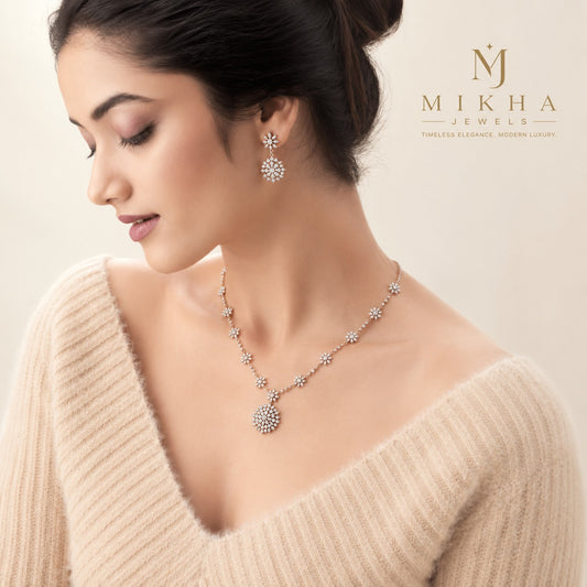 Gold Plated AD Stone Flower Necklace & Earring