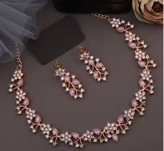 Jewellery Rose Gold-Plated Artificial Stone Studded Necklace Jewelle