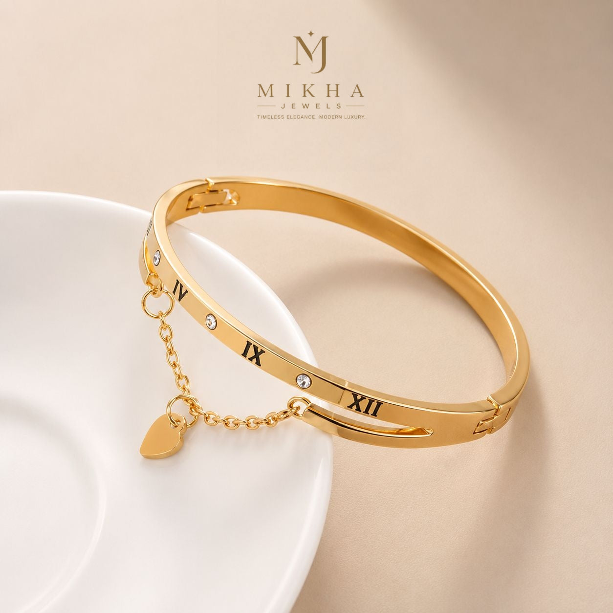 Gold Plated Roman Numerals Heart Pendant Charm Bangle Bracelet