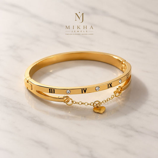 Gold Plated Roman Numerals Heart Pendant Charm Bangle Bracelet