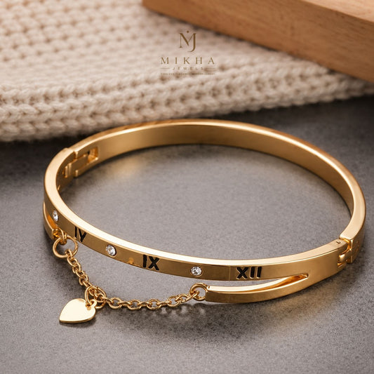 Gold Plated Roman Numerals Heart Pendant Charm Bangle Bracelet