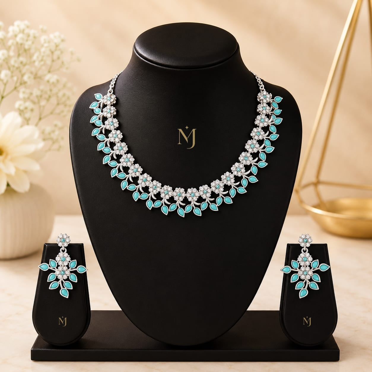 Oxidised Silver Plated Artificial Stone Studded Choker Necklace Jewelry set with 1 Pair of Earring