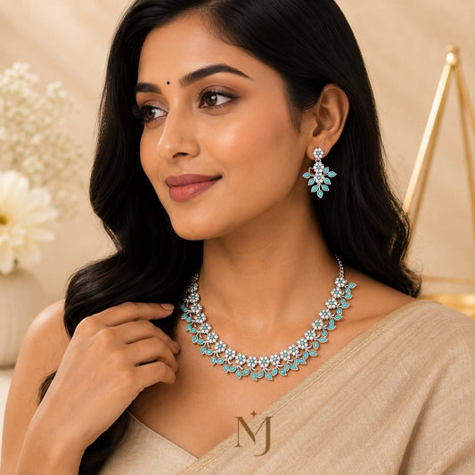 Oxidised Silver Plated Artificial Stone Studded Choker Necklace Jewelry set with 1 Pair of Earring