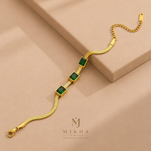 Green Crystal Gold Bracelet – Elegant &amp; Adjustable for Girls/Women