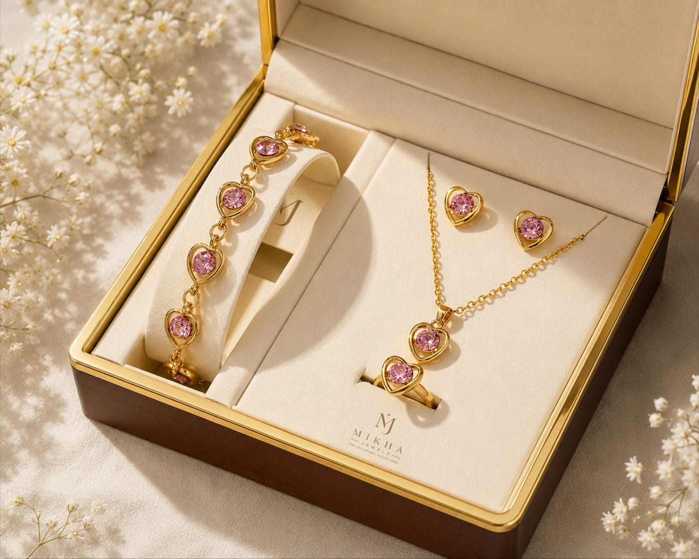 Pink Stone Jewellery Set Combo with Bracelet, Pendant Chain, Earrings & Ring for Women and Girls