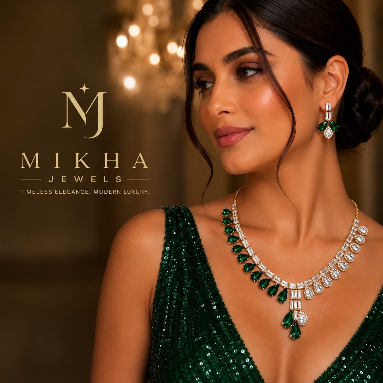 Emerald Green Asymmetrical Necklace Set