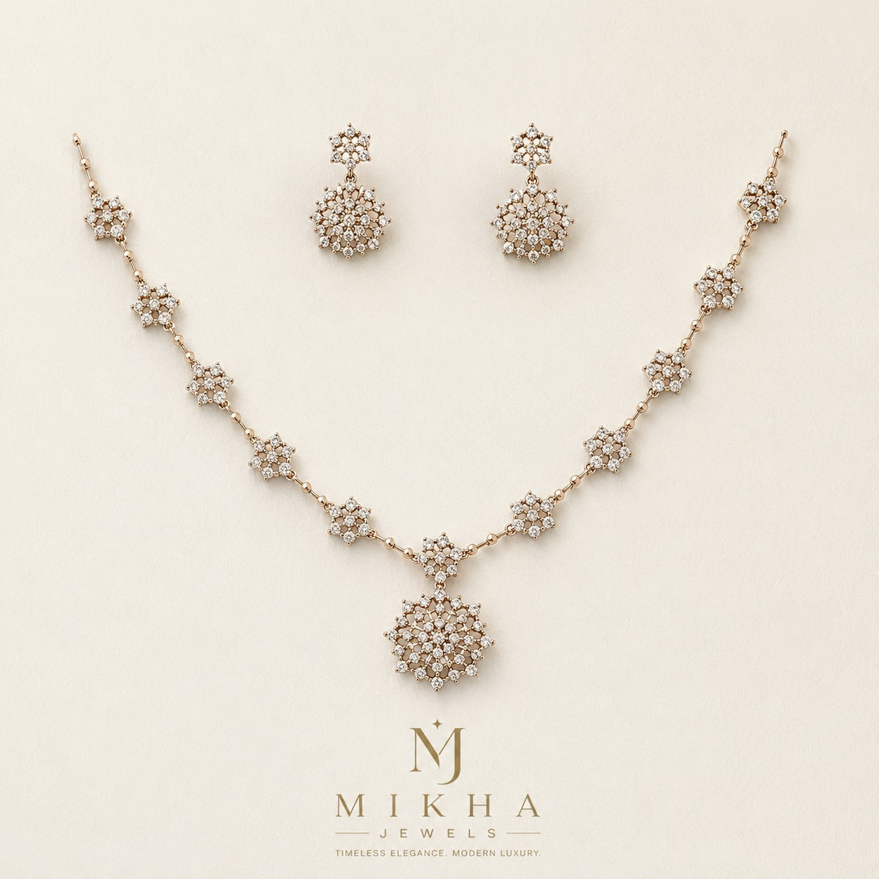 Gold Plated AD Stone Flower Necklace & Earring