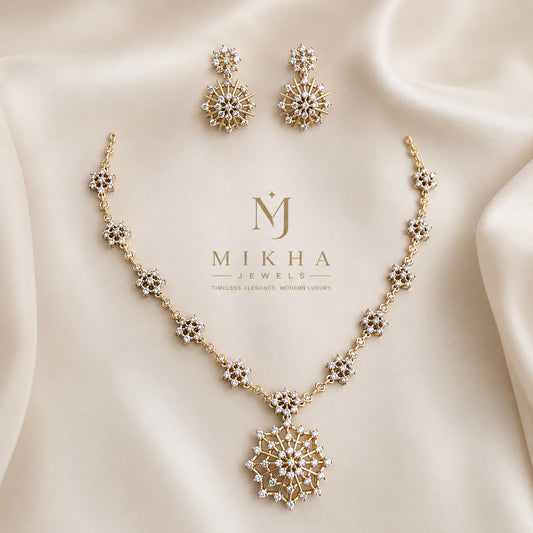 Gold Plated AD Stone Flower Necklace & Earring