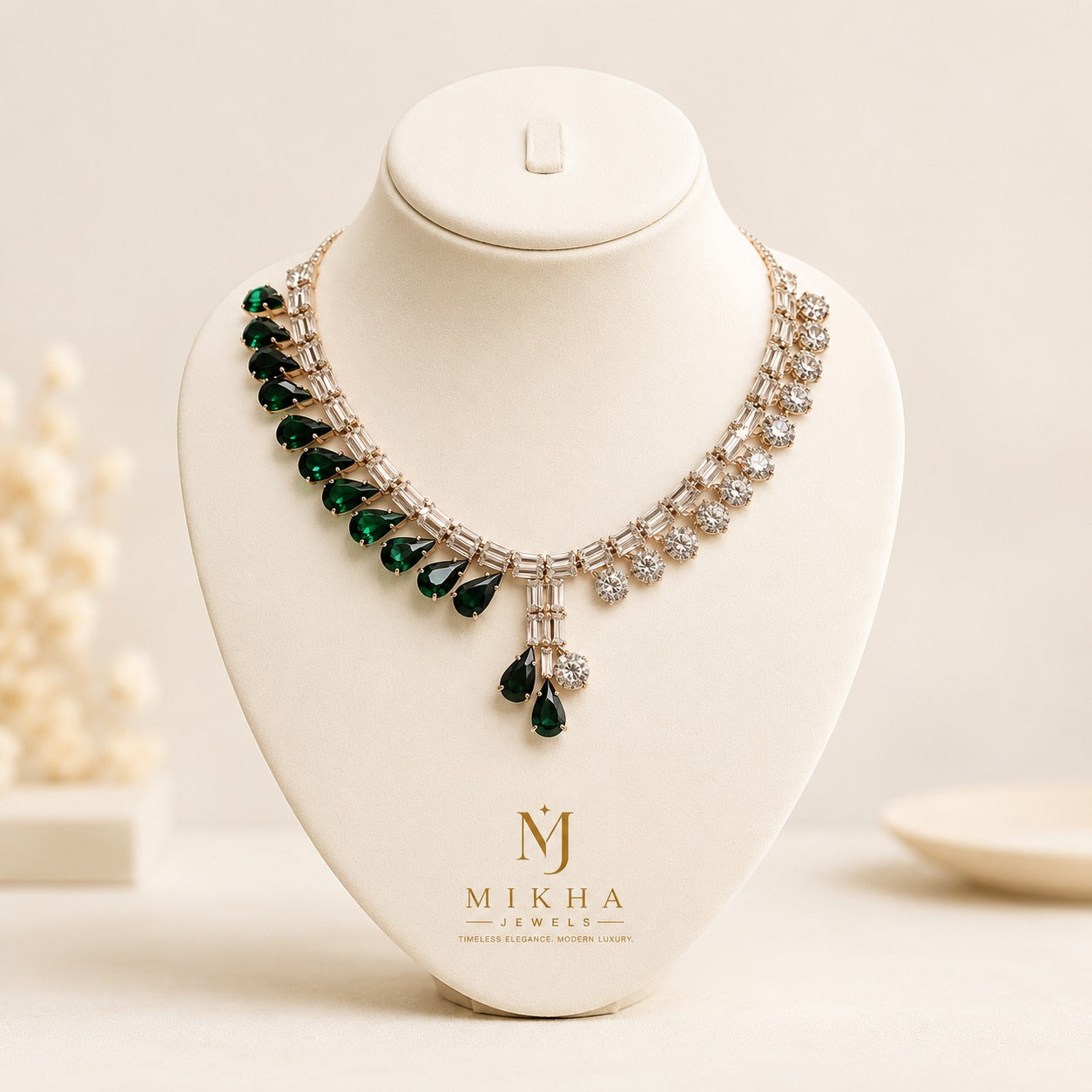 Emerald Green Asymmetrical Necklace Set